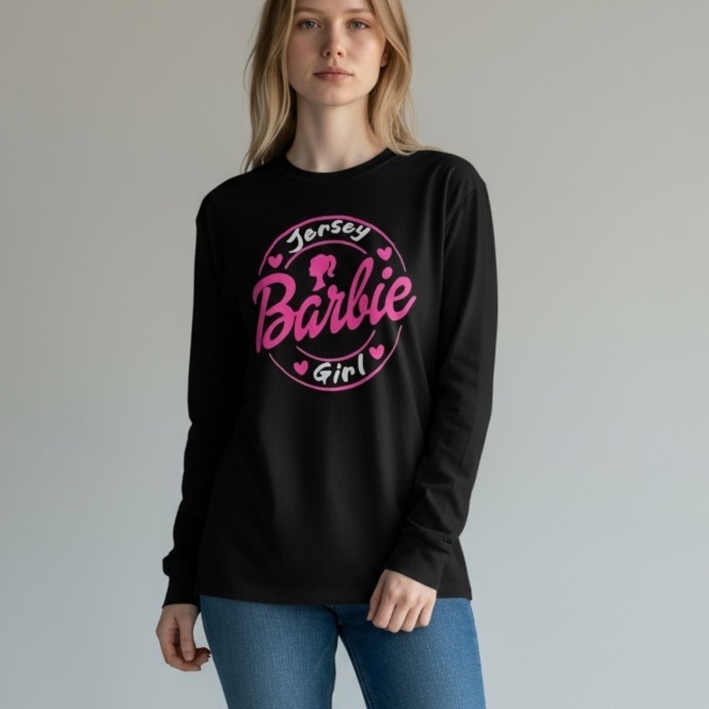 Barbie Jersey Girl Long Sleeve T Shirt Crew Neck Top Black Pink Graphic Small - Picture 16 of 16